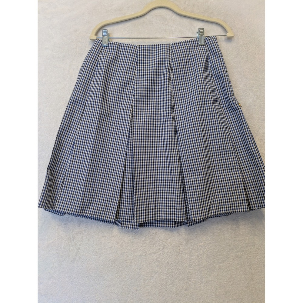 Dennis Uniform Juniors High Waist Box Pleat Skirt Blue Black White Plaid Size J9